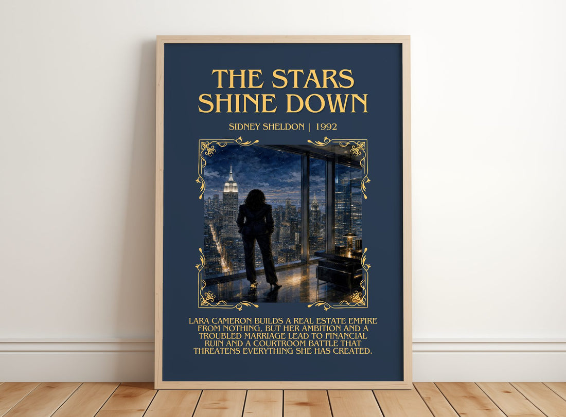 The Stars Shine Down Minimalist Book Poster by Sidney Sheldon – framed print leaning on a wooden floor