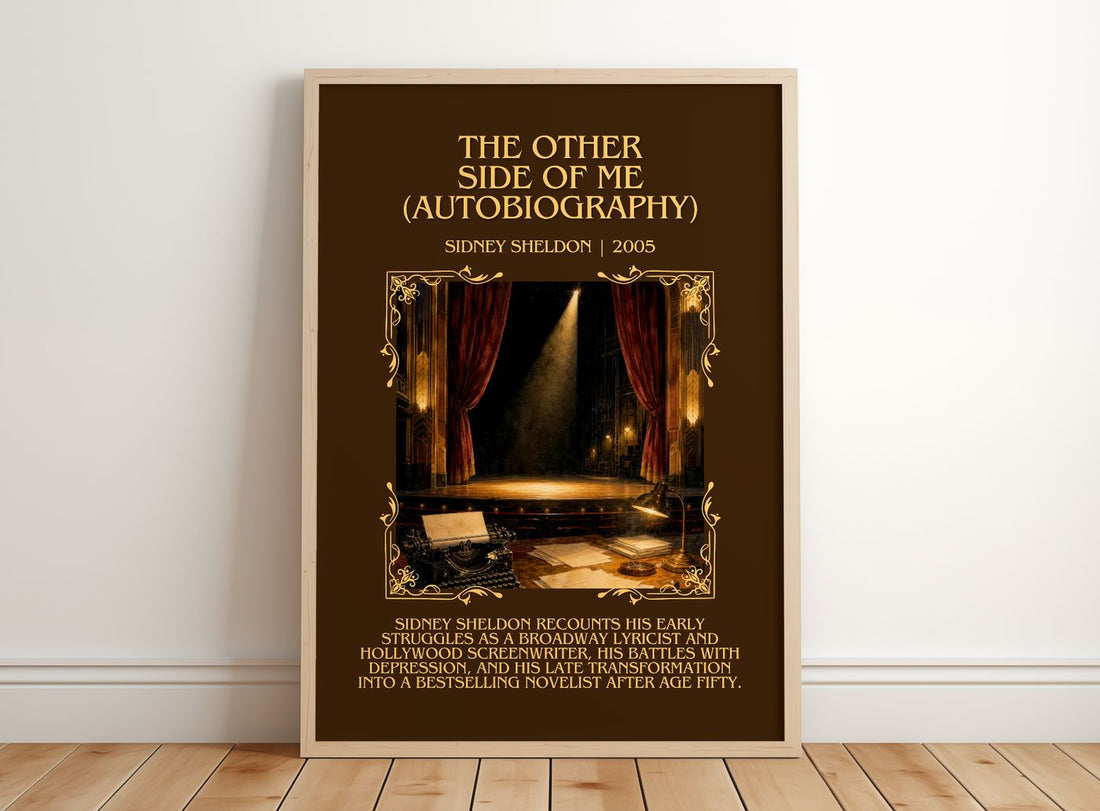 Other Side Of Me (Autobiography) Minimalist Book Poster by S. Sheldon – framed print leaning on a wooden floor