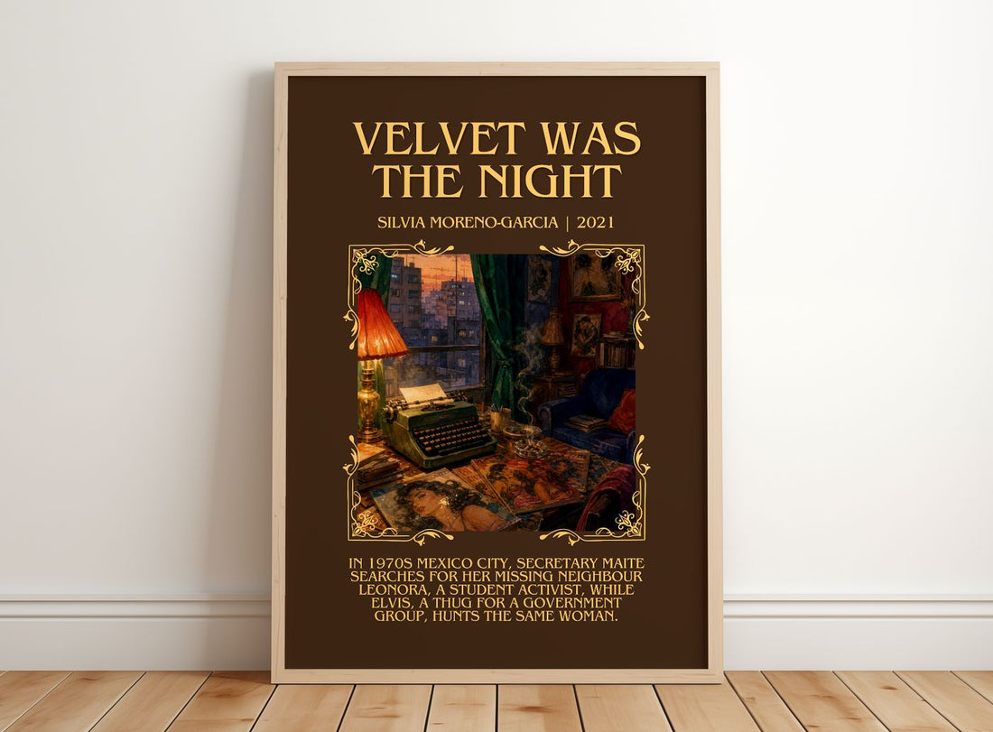 Velvet Was The Night Minimalist Book Poster by Silvia Moreno-Garcia – framed print leaning on a wooden floor