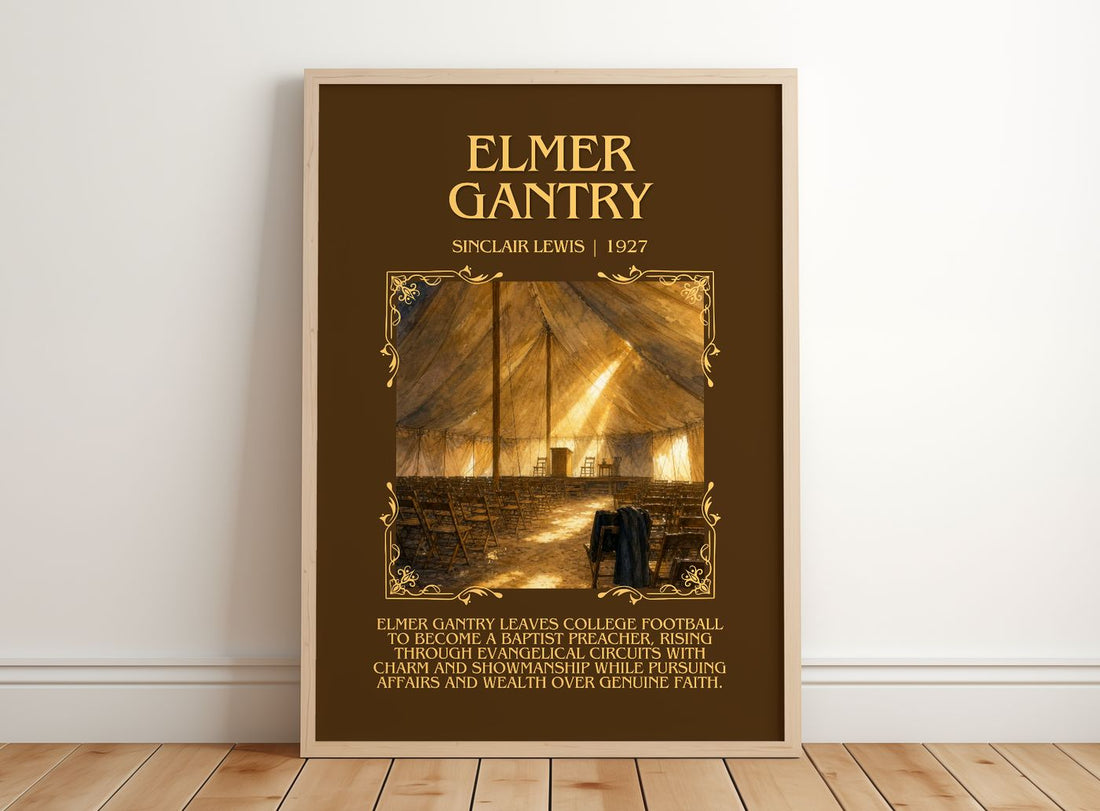 Elmer Gantry Minimalist Book Poster by Sinclair Lewis – framed print leaning on a wooden floor