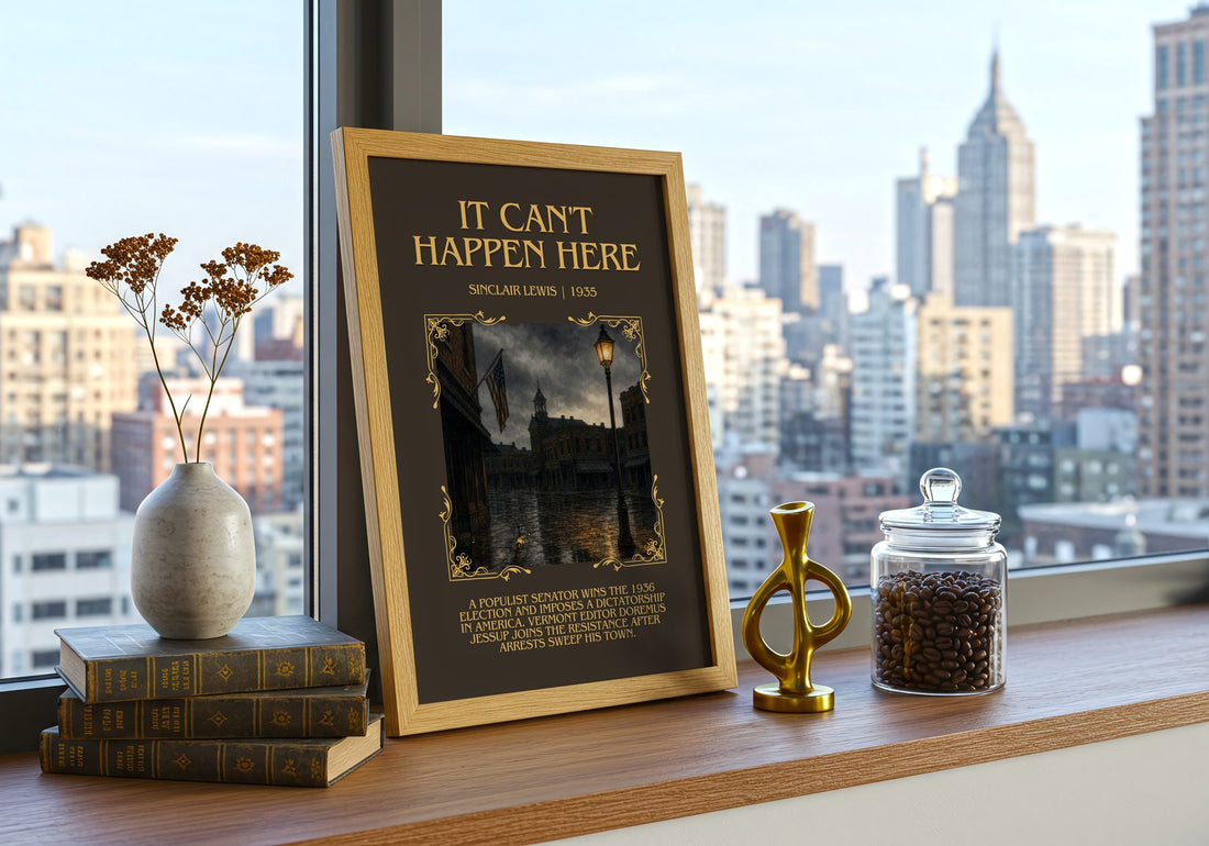 It Can'T Happen Here Minimalist Book Poster by Sinclair Lewis – framed print on a city-view windowsill