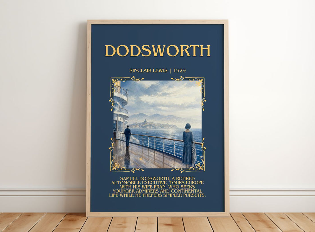Dodsworth Minimalist Book Poster by Sinclair Lewis – framed print leaning on a wooden floor