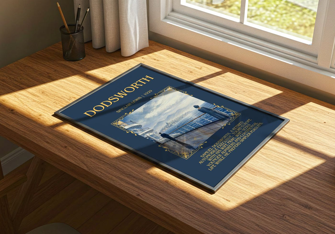 Dodsworth Minimalist Book Poster by Sinclair Lewis – print on a sunlit desk