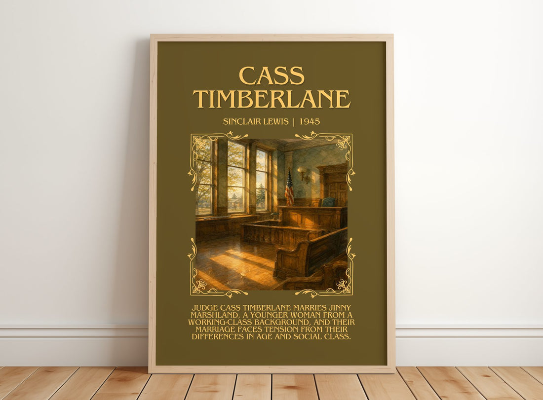 Cass Timberlane Minimalist Book Poster by Sinclair Lewis – framed print leaning on a wooden floor