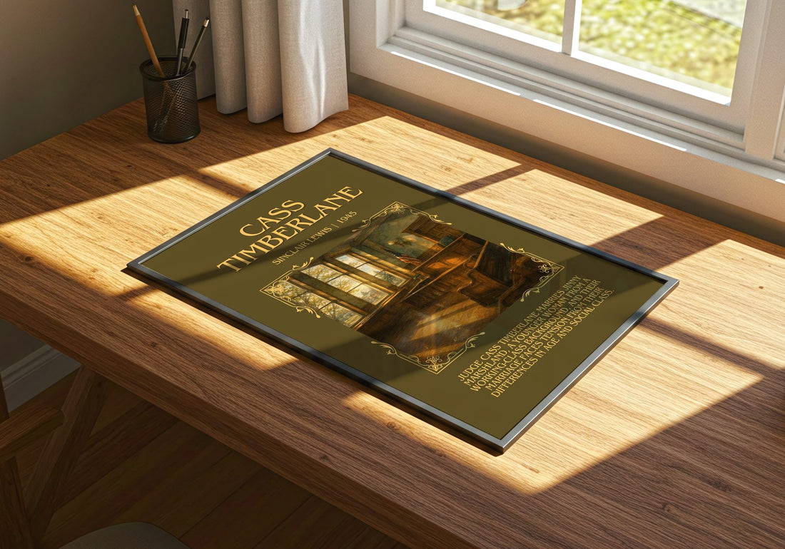 Cass Timberlane Minimalist Book Poster by Sinclair Lewis – print on a sunlit desk