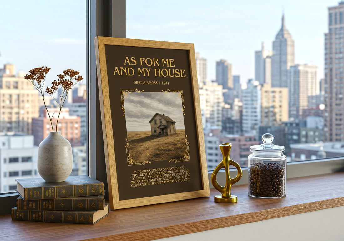As For Me And My House Minimalist Book Poster by Sinclair Ross – framed print on a city-view windowsill