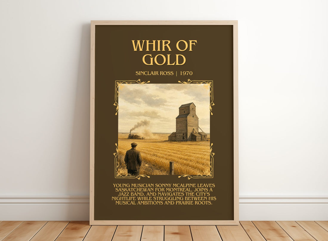 Whir Of Gold Minimalist Book Poster by Sinclair Ross – framed print leaning on a wooden floor