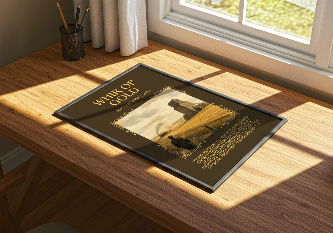 Whir Of Gold Minimalist Book Poster by Sinclair Ross – print on a sunlit desk