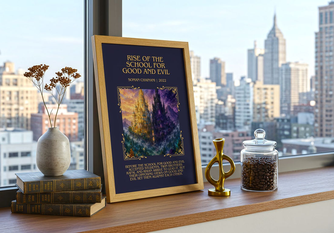 Rise Of The School For Good And Evil Minimalist Book Poster – framed print on a city-view windowsill