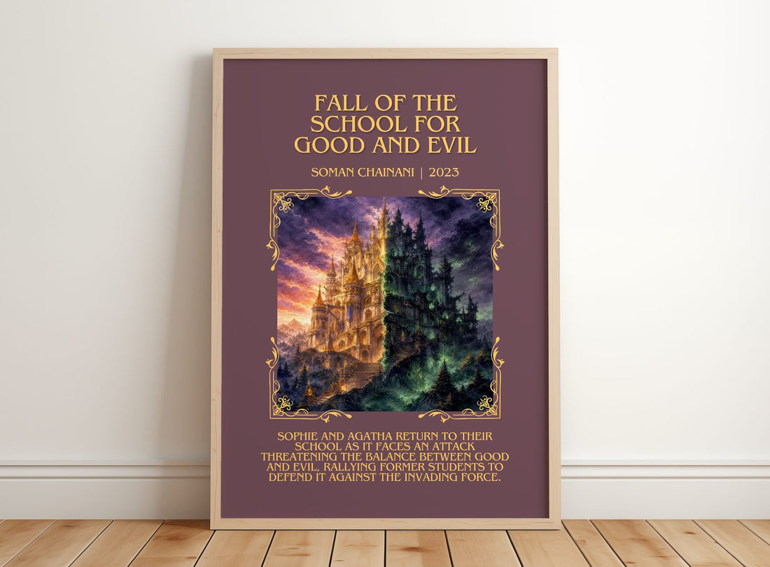 Fall Of The School For Good And Evil Minimalist Book Poster – framed print leaning on a wooden floor
