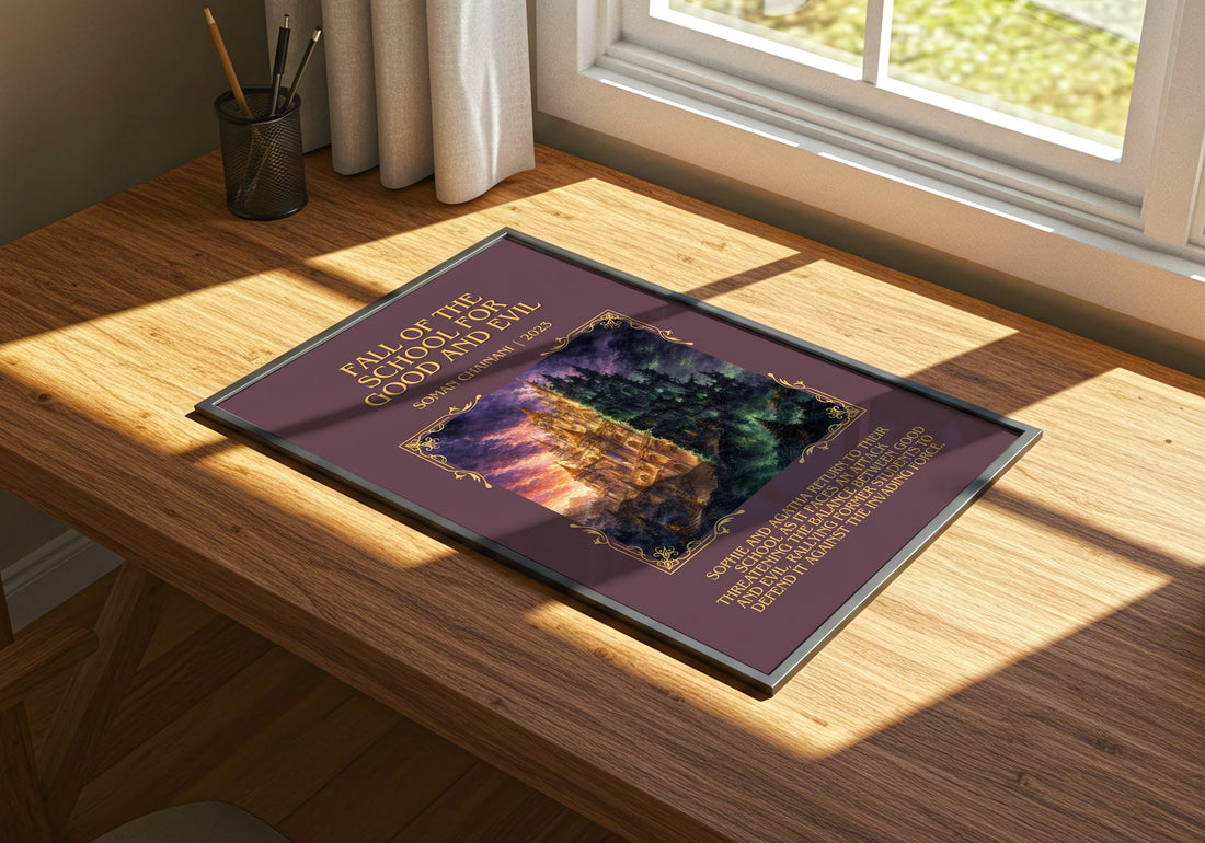Fall Of The School For Good And Evil Minimalist Book Poster – print on a sunlit desk