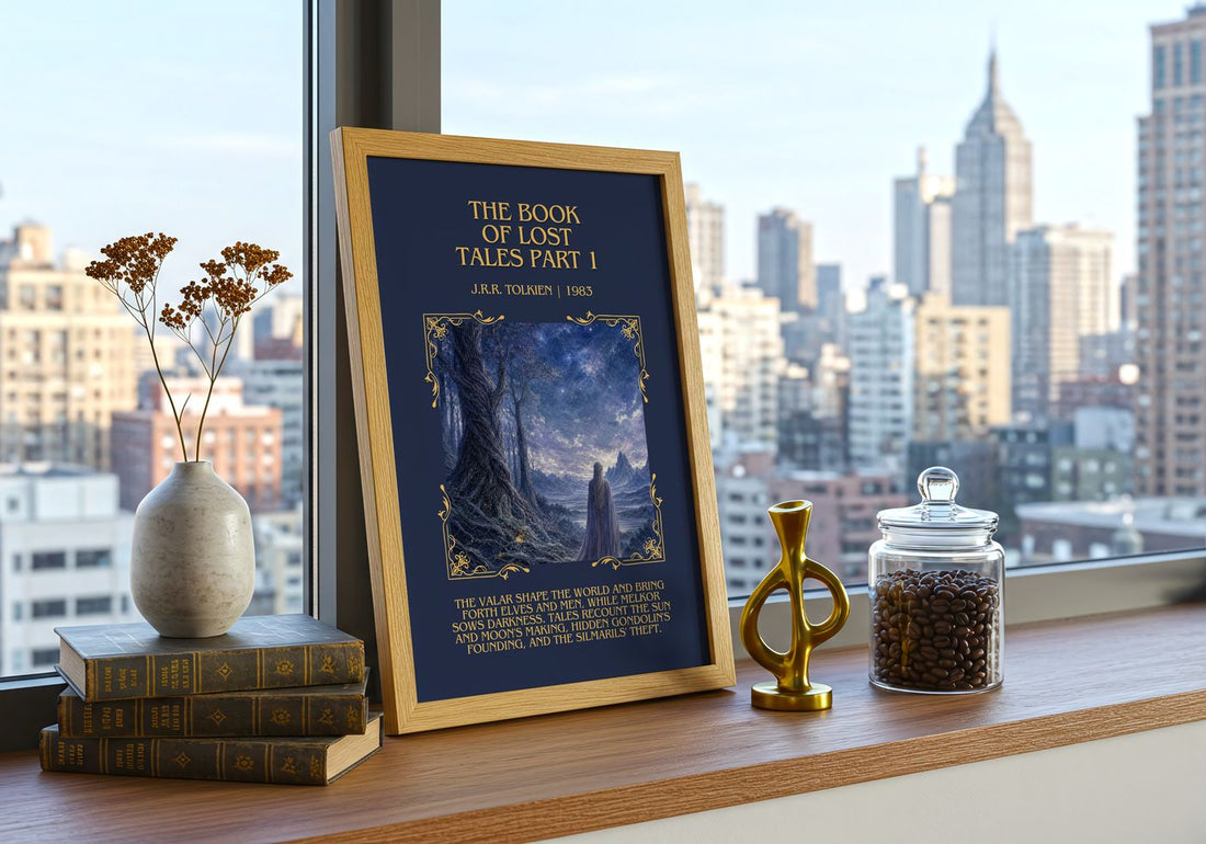The Book Of Lost Tales Part 1 Minimalist Book Poster by J.R.R. Tolkien – framed print on a city-view windowsill