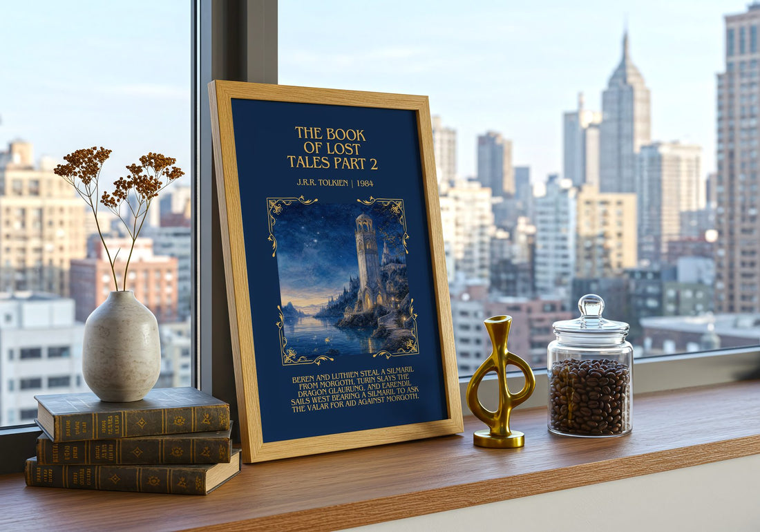 The Book Of Lost Tales Part 2 Minimalist Book Poster by J.R.R. Tolkien – framed print on a city-view windowsill