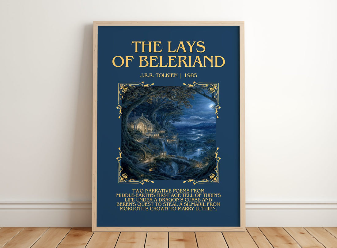The Lays Of Beleriand Minimalist Book Poster by J.R.R. Tolkien – framed print leaning on a wooden floor