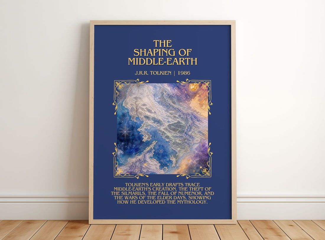 The Shaping Of Middle-Earth Minimalist Book Poster by J.R.R. Tolkien – framed print leaning on a wooden floor