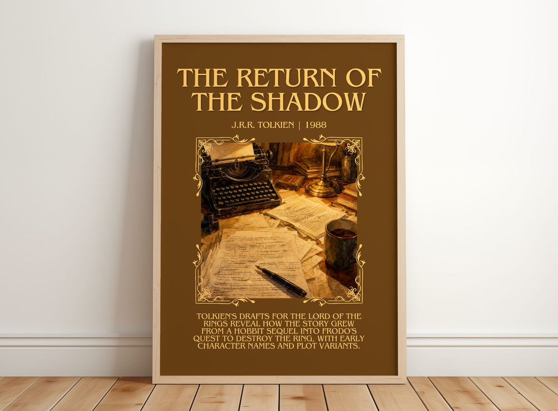 The Return Of The Shadow Minimalist Book Poster by J.R.R. Tolkien – framed print leaning on a wooden floor