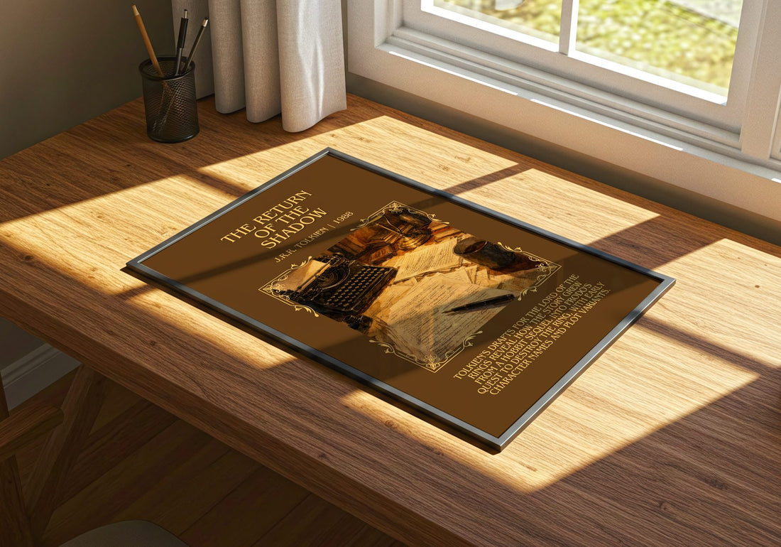 The Return Of The Shadow Minimalist Book Poster by J.R.R. Tolkien – print on a sunlit desk