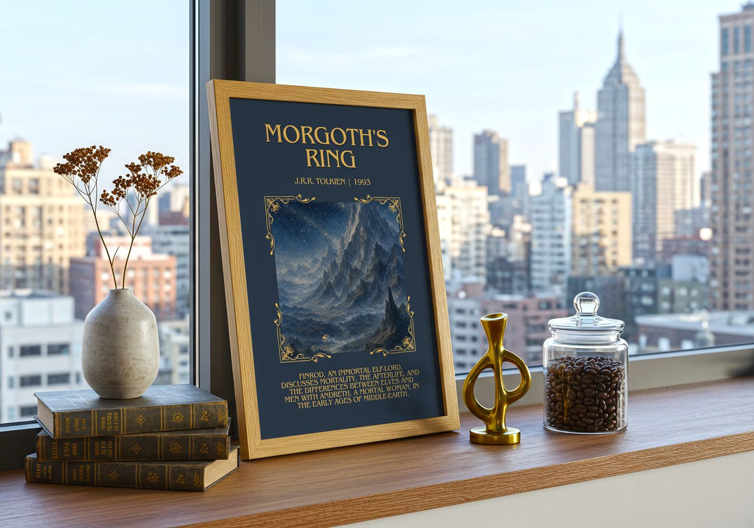 Morgoth'S Ring Minimalist Book Poster by J.R.R. Tolkien – framed print on a city-view windowsill