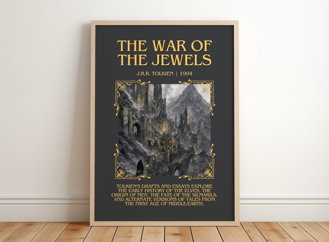The War Of The Jewels Minimalist Book Poster by J.R.R. Tolkien – framed print leaning on a wooden floor
