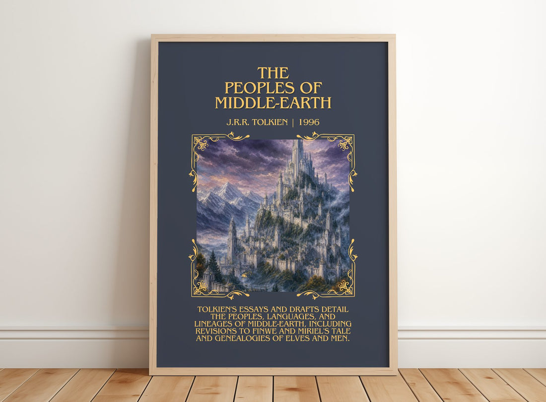 The Peoples Of Middle-Earth Minimalist Book Poster by J.R.R. Tolkien – framed print leaning on a wooden floor