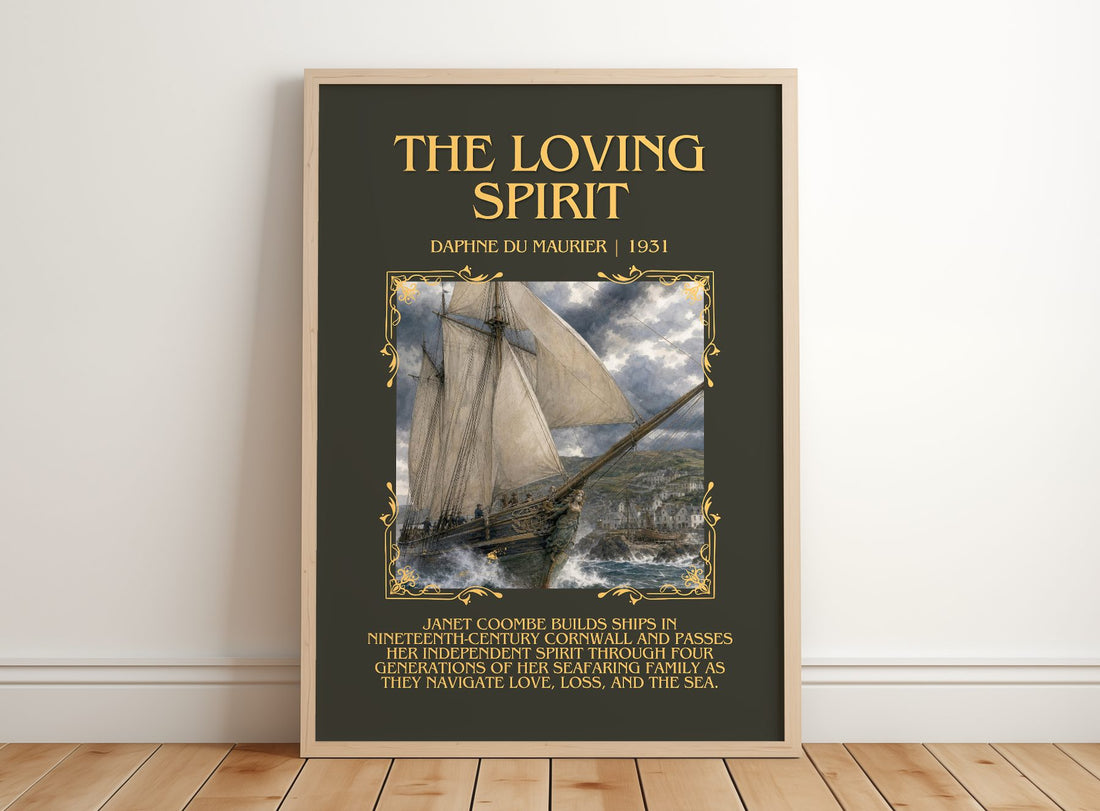 The Loving Spirit Minimalist Book Poster by Daphne du Maurier – framed print leaning on a wooden floor