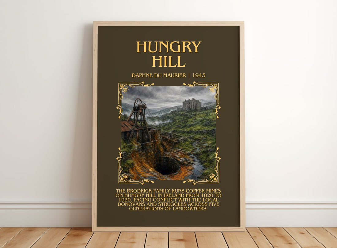 Hungry Hill Minimalist Book Poster by Daphne du Maurier – framed print leaning on a wooden floor