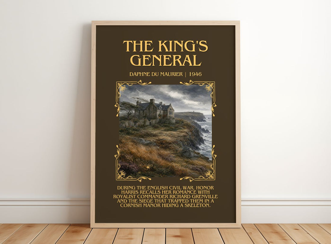 The King's General Minimalist Book Poster by Daphne du Maurier – framed print leaning on a wooden floor