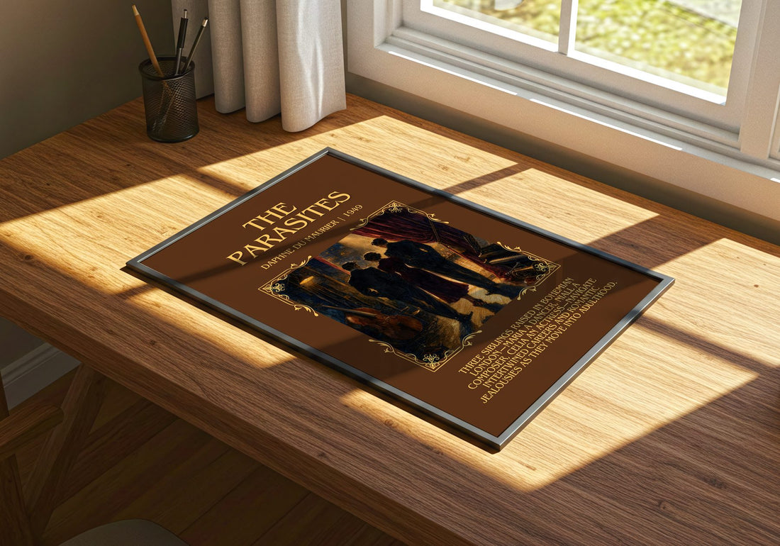 The Parasites Minimalist Book Poster by Daphne du Maurier – print on a sunlit desk