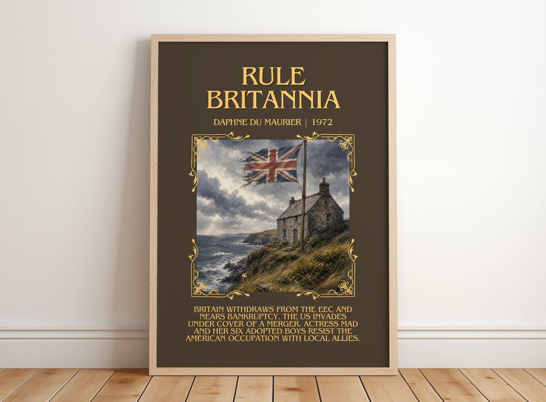 Rule Britannia Minimalist Book Poster by Daphne du Maurier – framed print leaning on a wooden floor