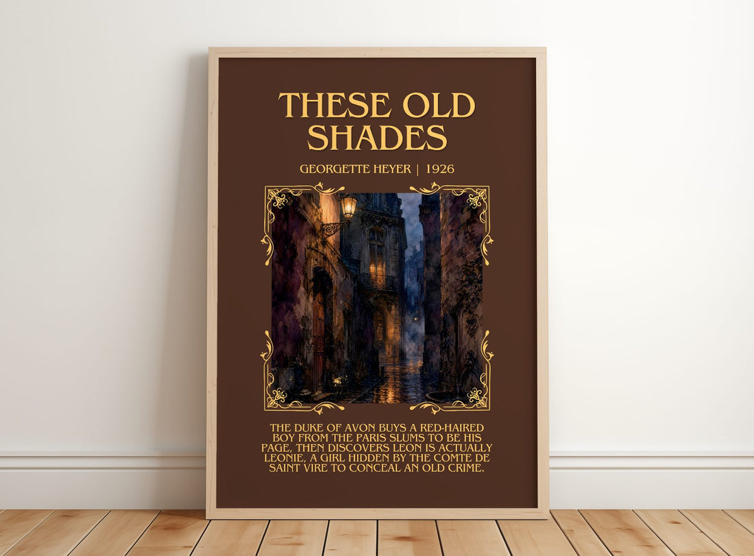 These Old Shades Minimalist Book Poster by Georgette Heyer – framed print leaning on a wooden floor