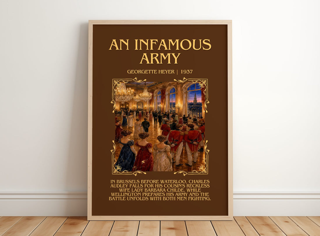 An Infamous Army Minimalist Book Poster by Georgette Heyer – framed print leaning on a wooden floor