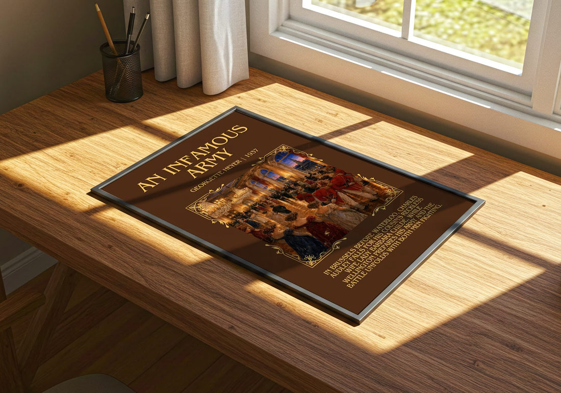 An Infamous Army Minimalist Book Poster by Georgette Heyer – print on a sunlit desk