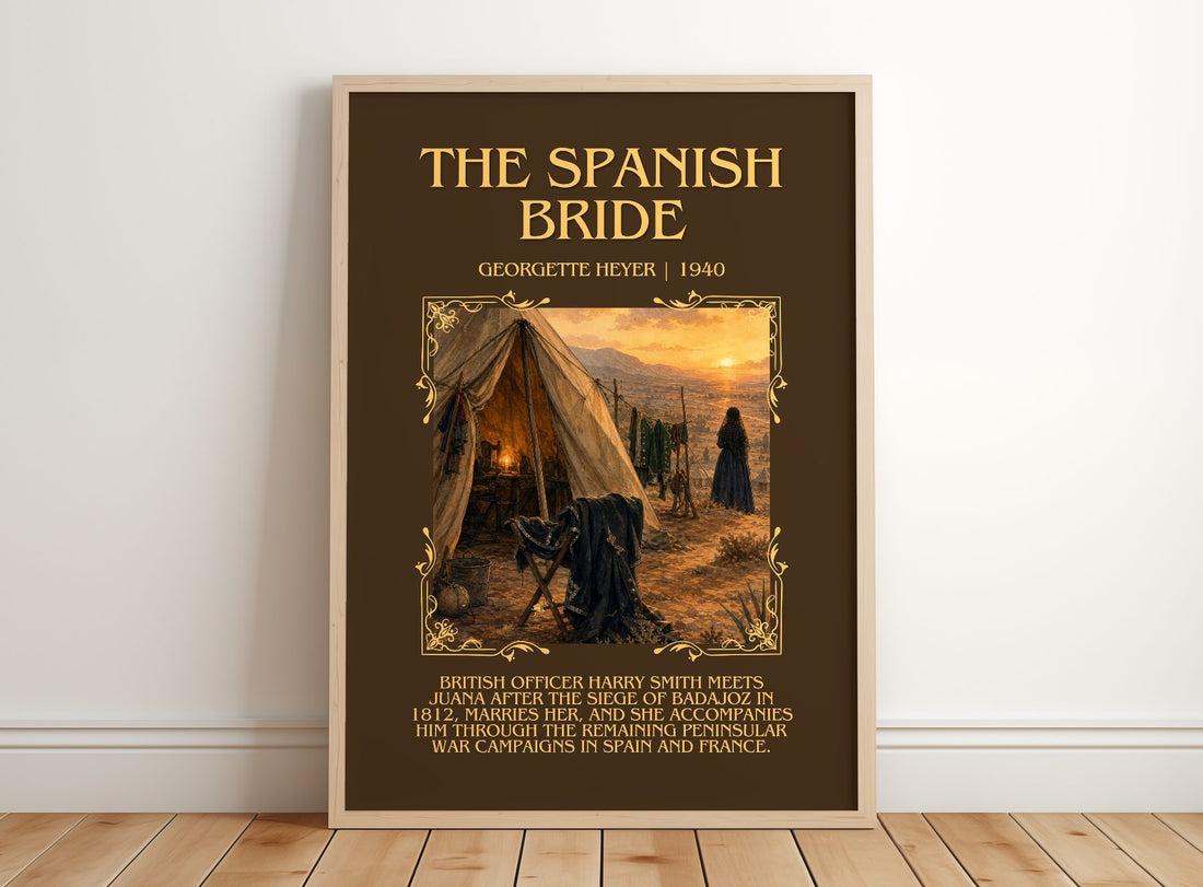 The Spanish Bride Minimalist Book Poster by Georgette Heyer – framed print leaning on a wooden floor