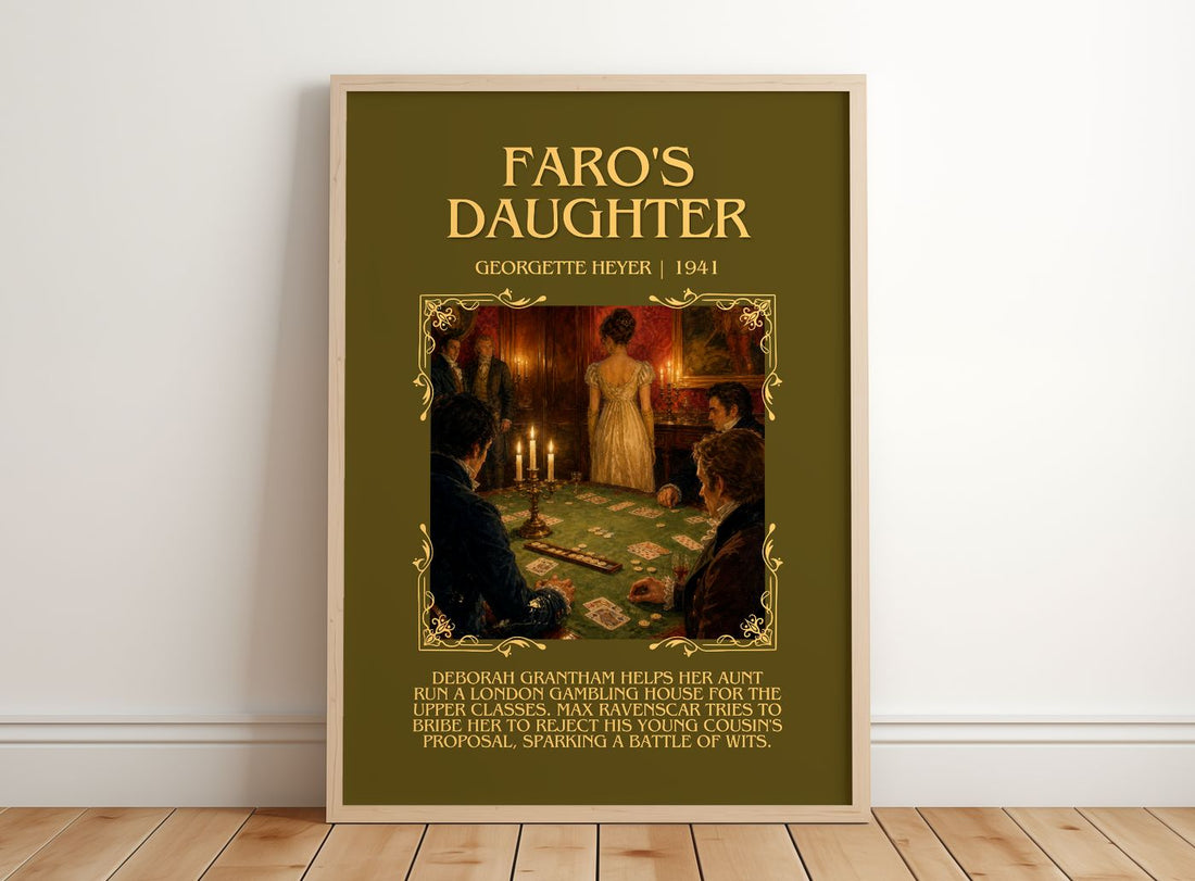 Faro's Daughter Minimalist Book Poster by Georgette Heyer – framed print leaning on a wooden floor