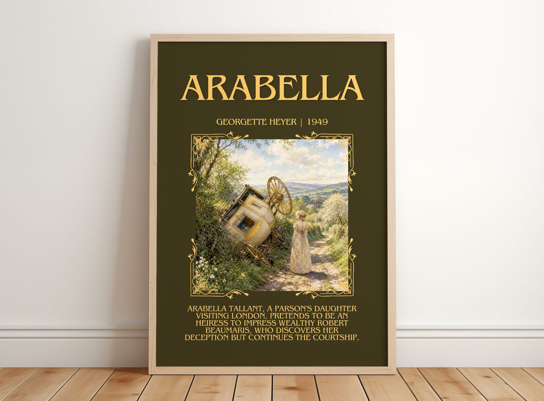 Arabella Minimalist Book Poster by Georgette Heyer – framed print leaning on a wooden floor