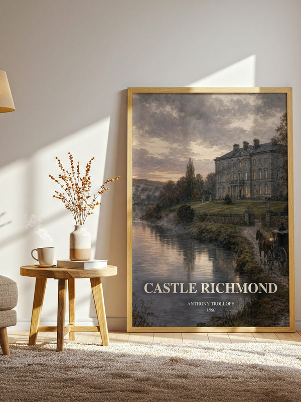 Castle Richmond watercolour print in frame leaning in hallway – historical fiction wall art