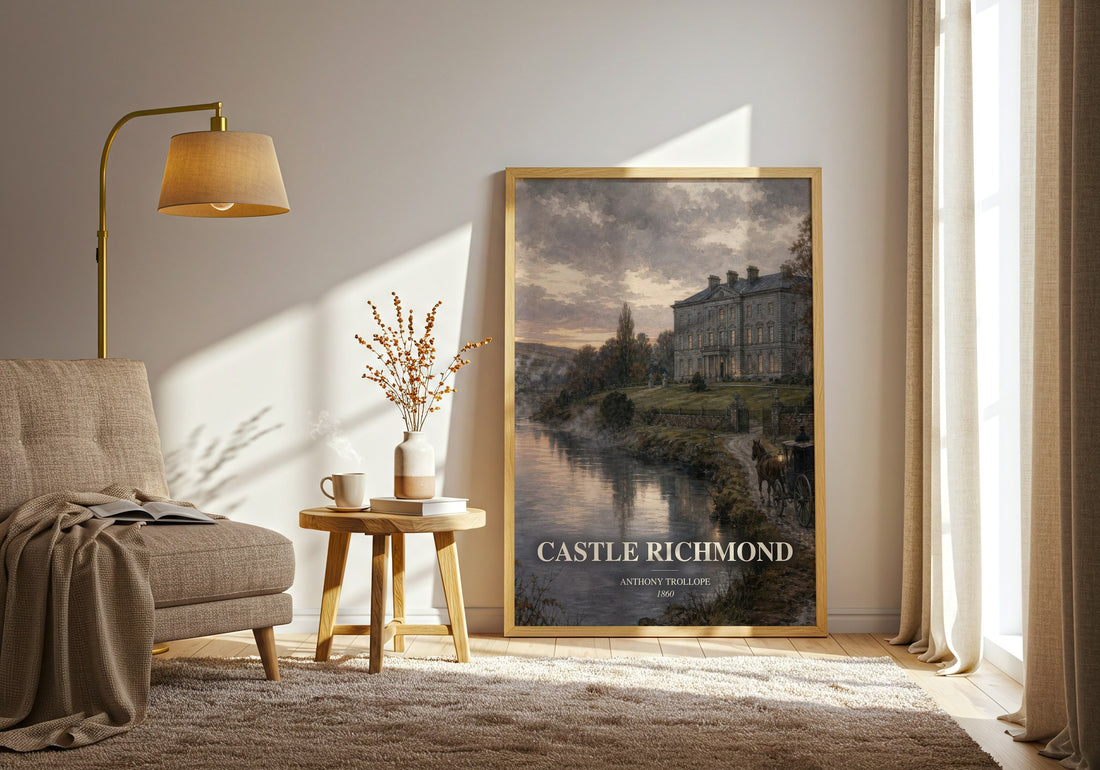 Castle Richmond watercolour print in frame leaning in hallway – historical fiction wall art (mockup)