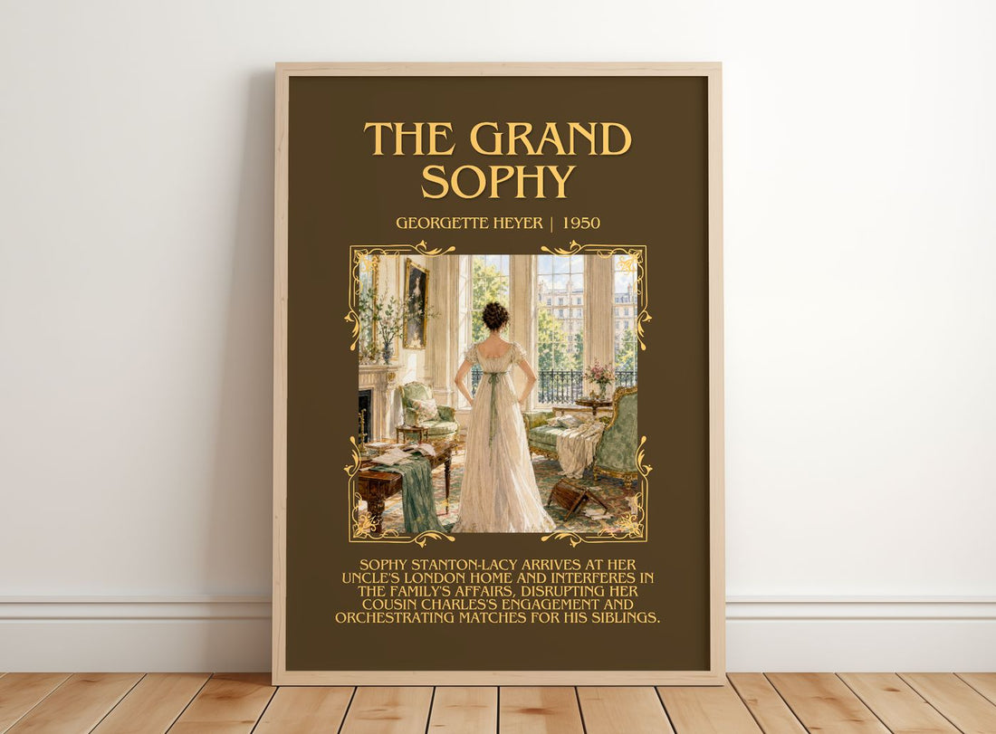 The Grand Sophy Minimalist Book Poster by Georgette Heyer – framed print leaning on a wooden floor