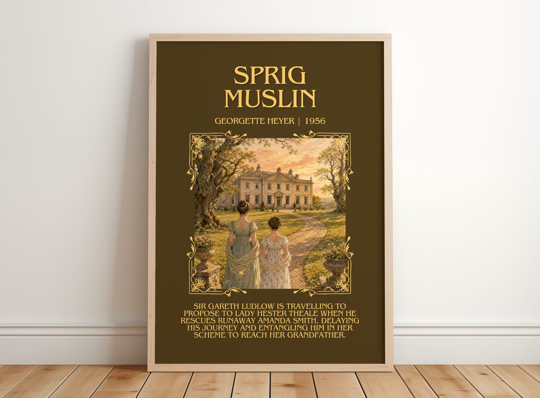 Sprig Muslin Minimalist Book Poster by Georgette Heyer – framed print leaning on a wooden floor