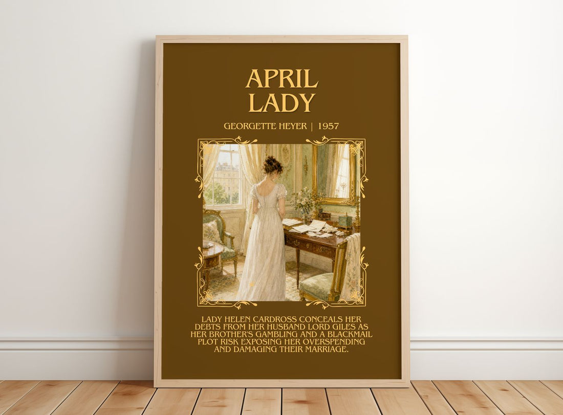 April Lady Minimalist Book Poster by Georgette Heyer – framed print leaning on a wooden floor