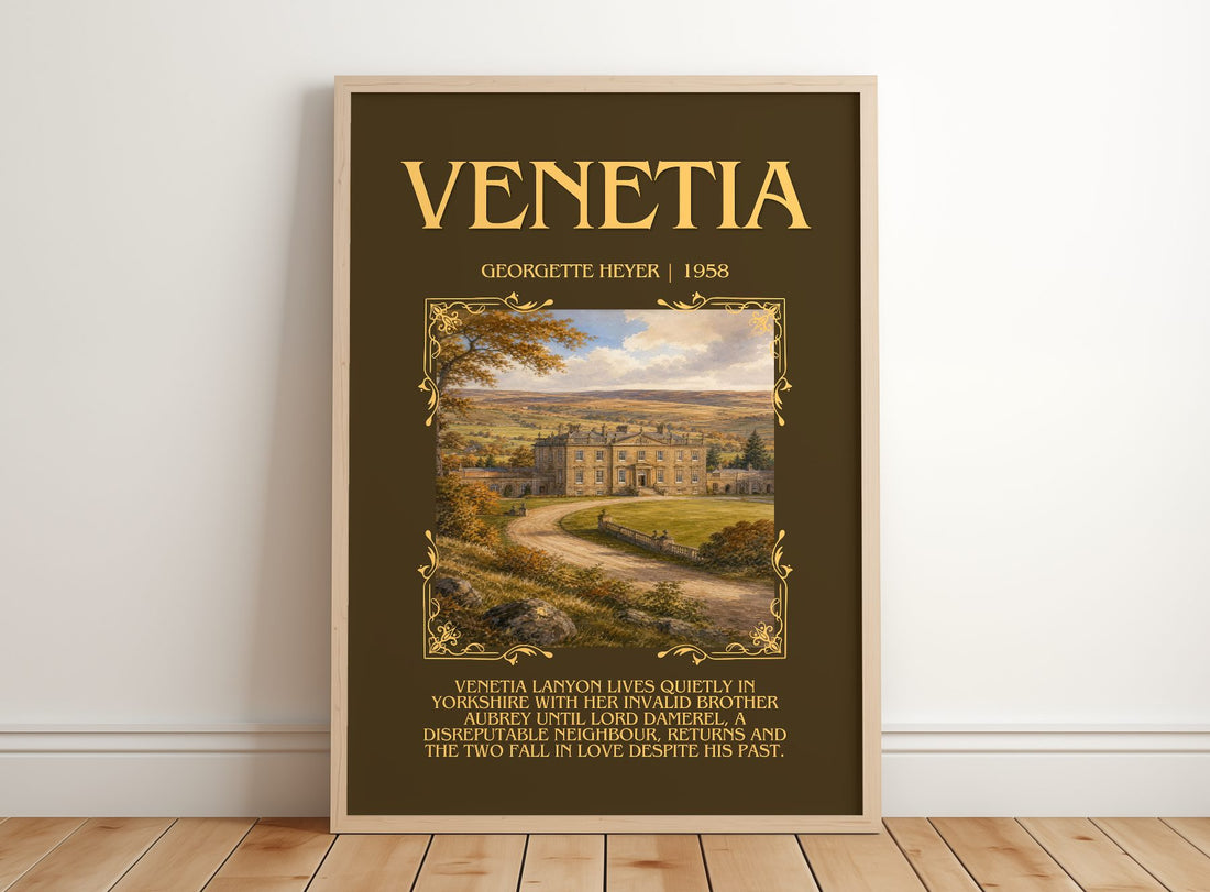 Venetia Minimalist Book Poster by Georgette Heyer – framed print leaning on a wooden floor