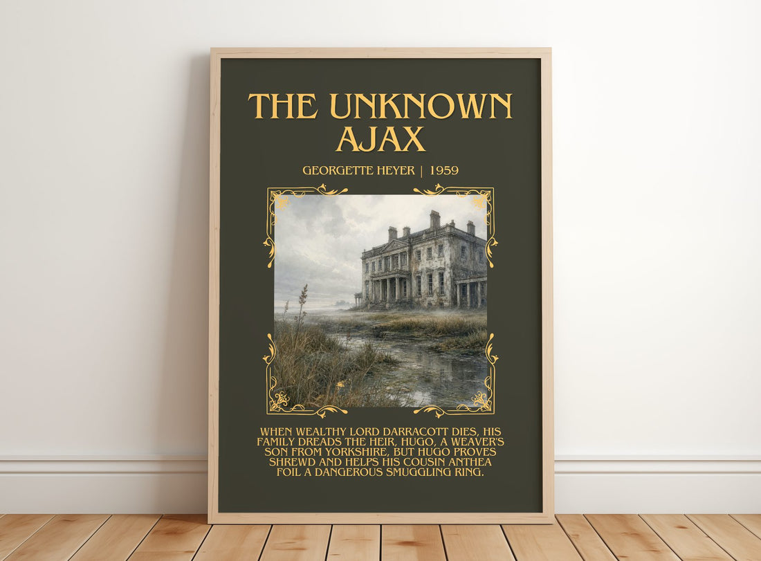 The Unknown Ajax Minimalist Book Poster by Georgette Heyer – framed print leaning on a wooden floor
