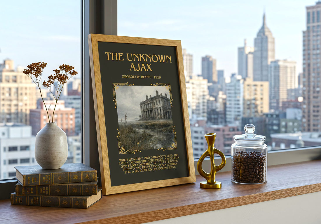The Unknown Ajax Minimalist Book Poster by Georgette Heyer – framed print on a city-view windowsill