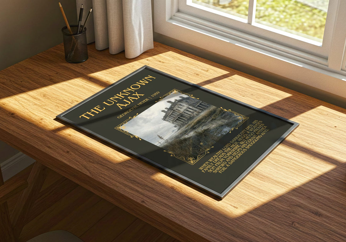 The Unknown Ajax Minimalist Book Poster by Georgette Heyer – print on a sunlit desk