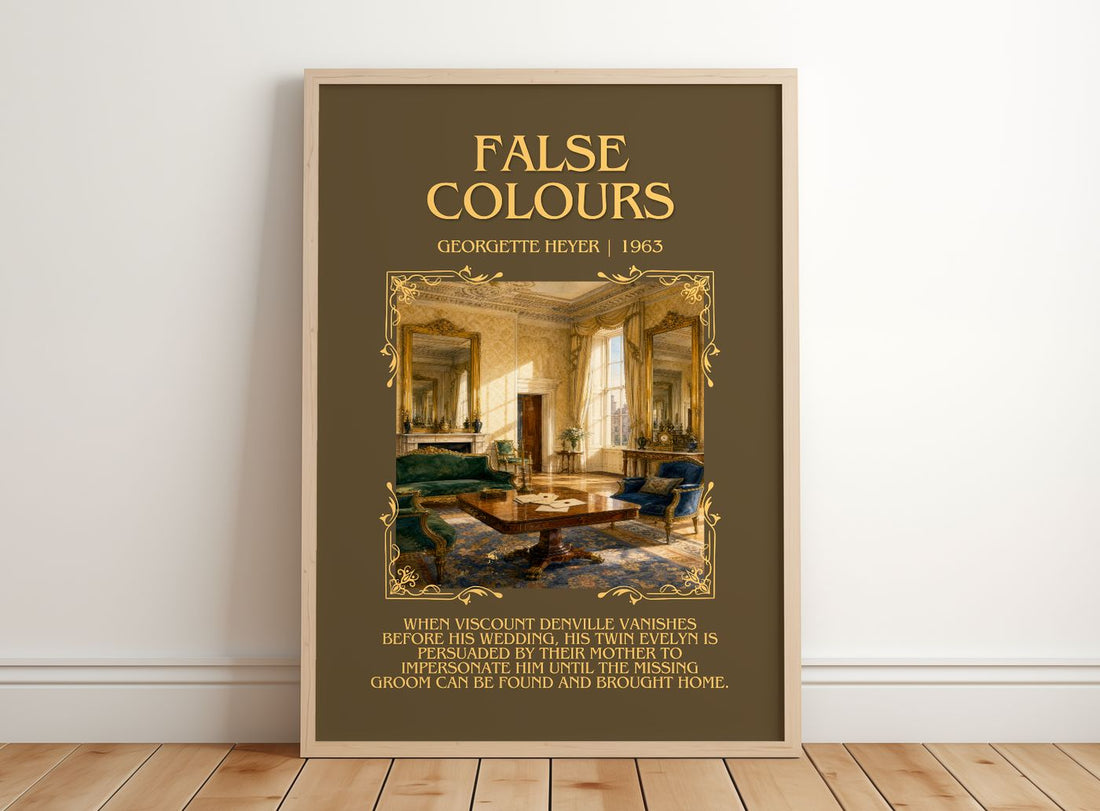 False Colours Minimalist Book Poster by Georgette Heyer – framed print leaning on a wooden floor
