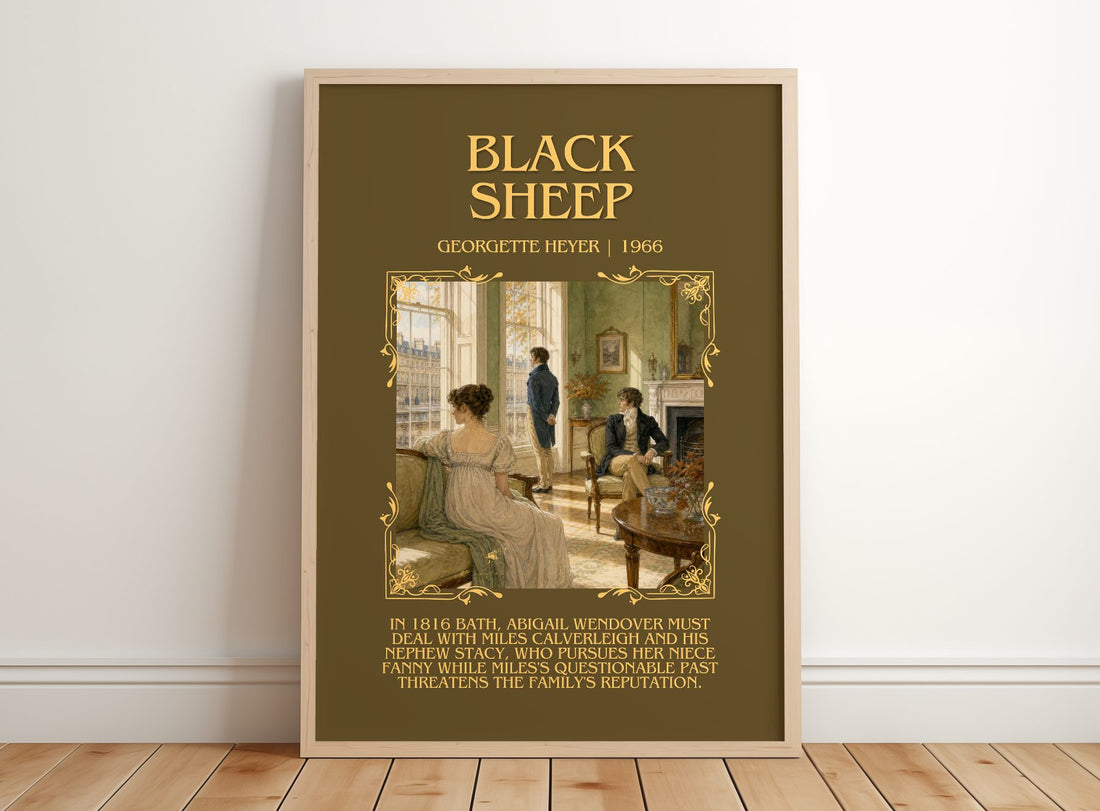 Black Sheep Minimalist Book Poster by Georgette Heyer – framed print leaning on a wooden floor
