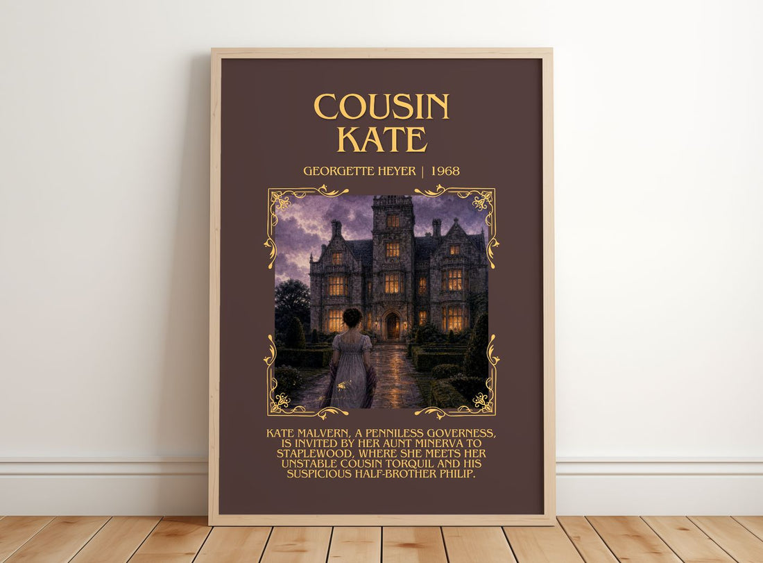 Cousin Kate Minimalist Book Poster by Georgette Heyer – framed print leaning on a wooden floor