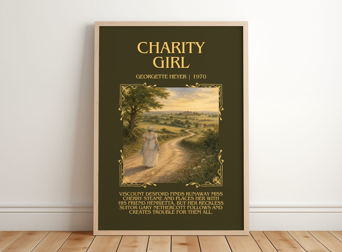 Charity Girl Minimalist Book Poster by Georgette Heyer – framed print leaning on a wooden floor