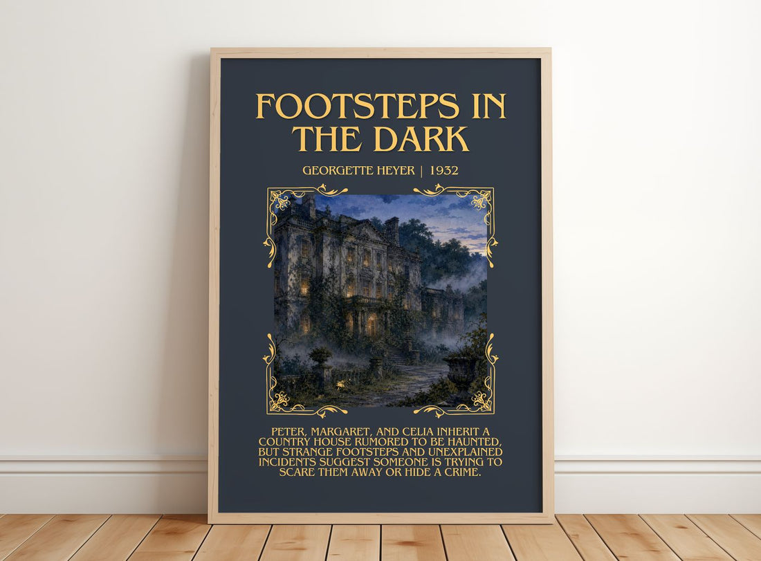 Footsteps in the Dark Minimalist Book Poster by Georgette Heyer – framed print leaning on a wooden floor