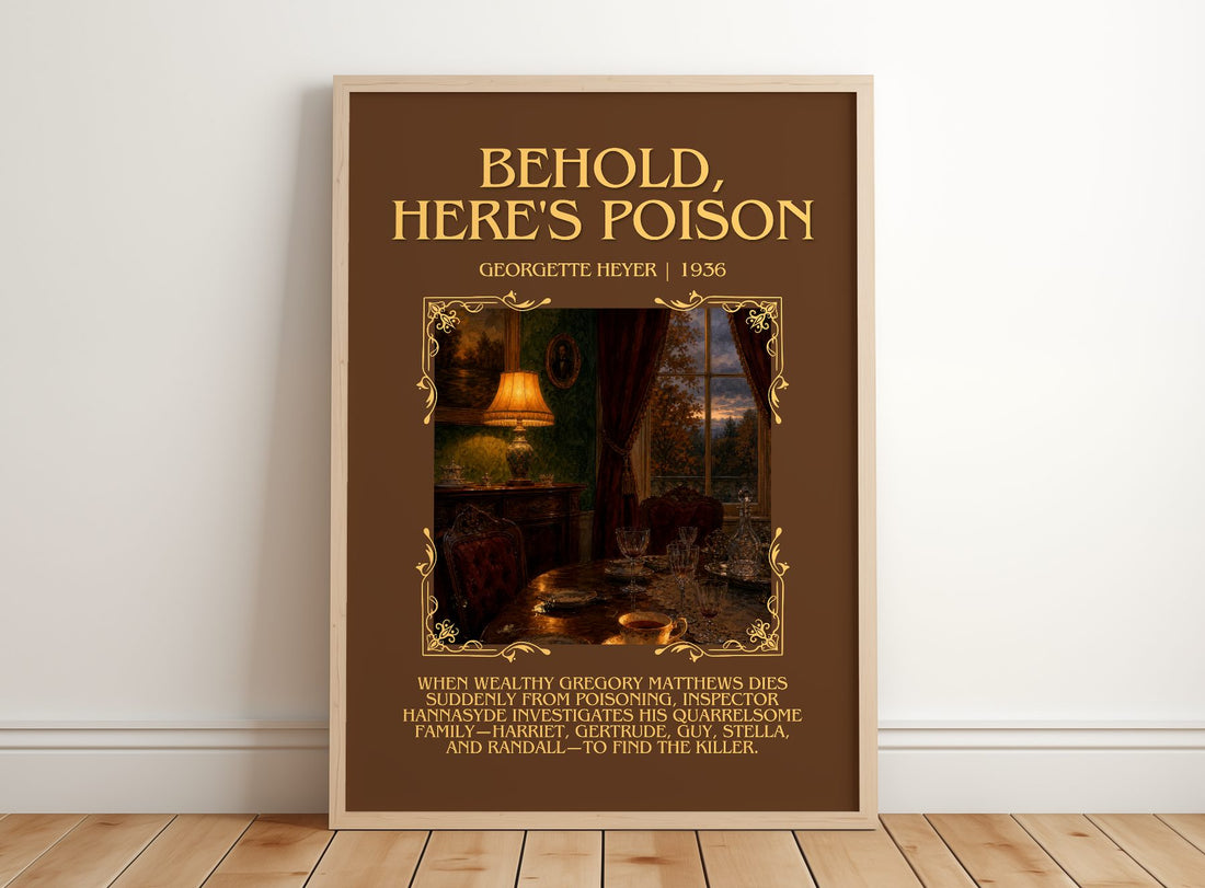 Behold, Here's Poison Minimalist Book Poster by Georgette Heyer – framed print leaning on a wooden floor